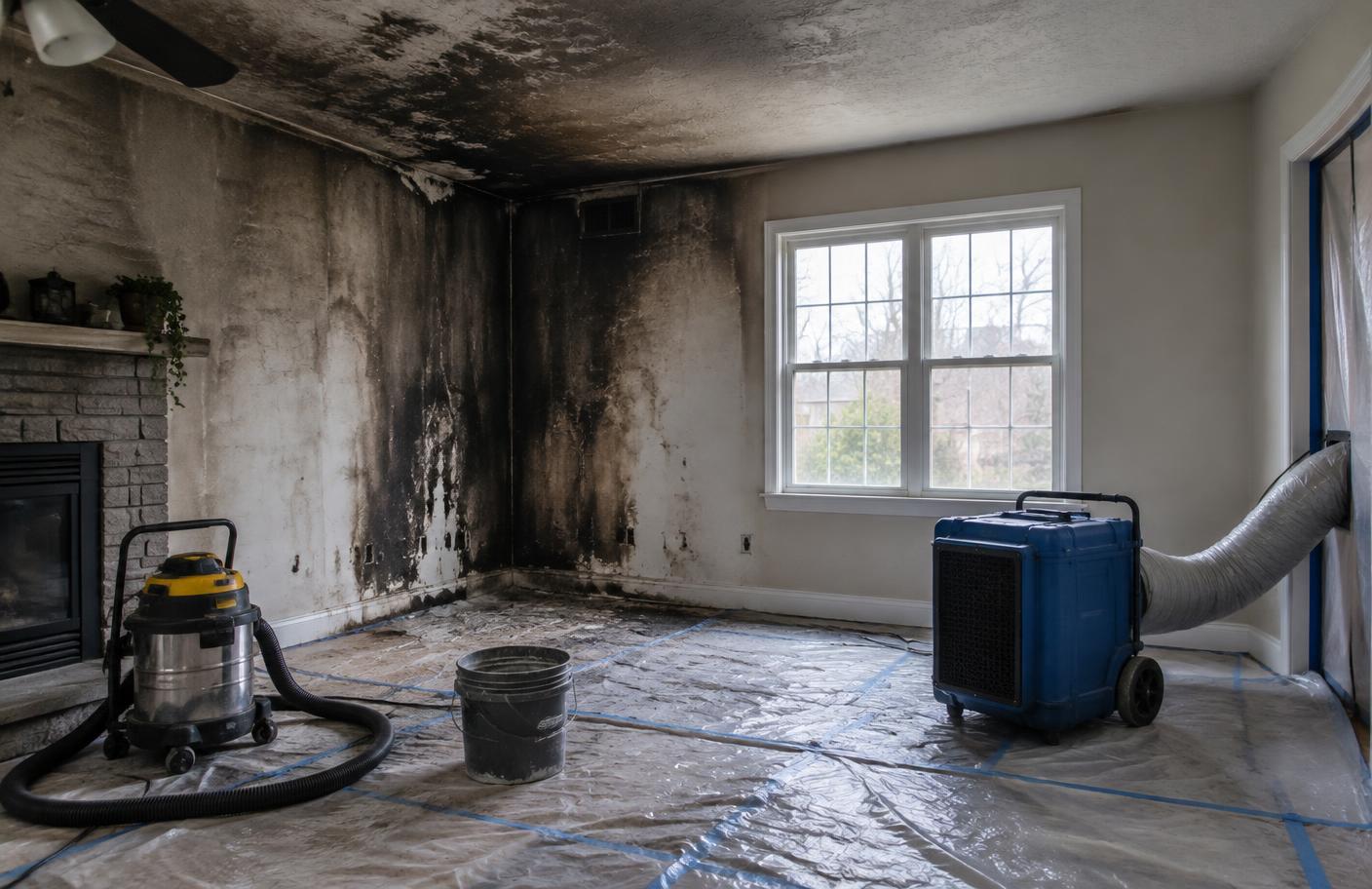 Soot-stained walls and ceiling in a room being prepared for smoke damage cleanup