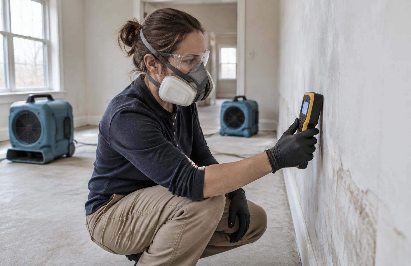 Technician in safety glasses and a respirator taking a moisture reading on a damp wall